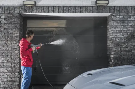 garage-gate-pressure-washing-by-caucasian-home-owner-in-his-30s-house-maintenance-keeping-the-place-clean